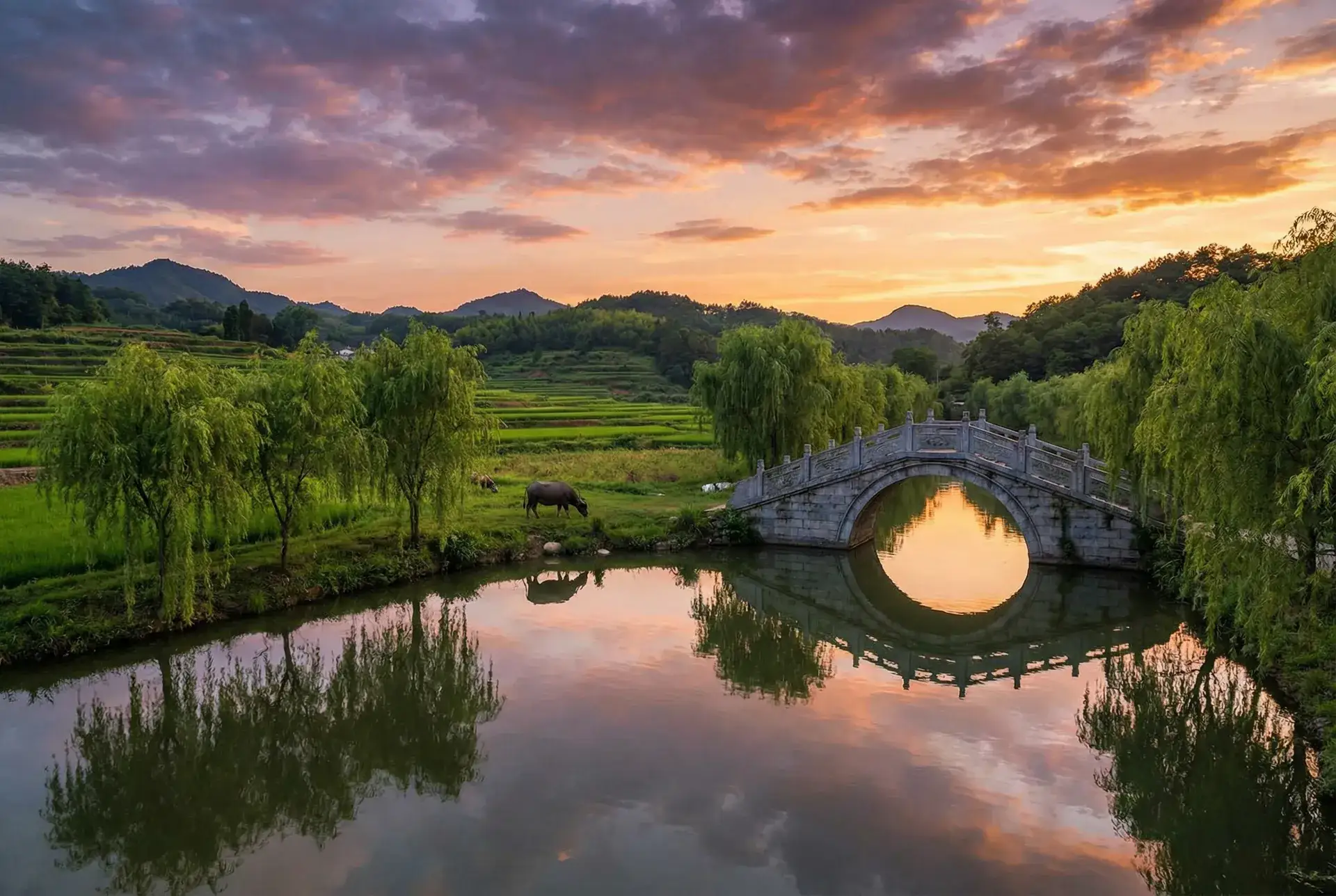 夕阳下的石拱桥与垂柳，水牛在河边吃草 - 最近日本字幕MV免费高清在线 乡村美景